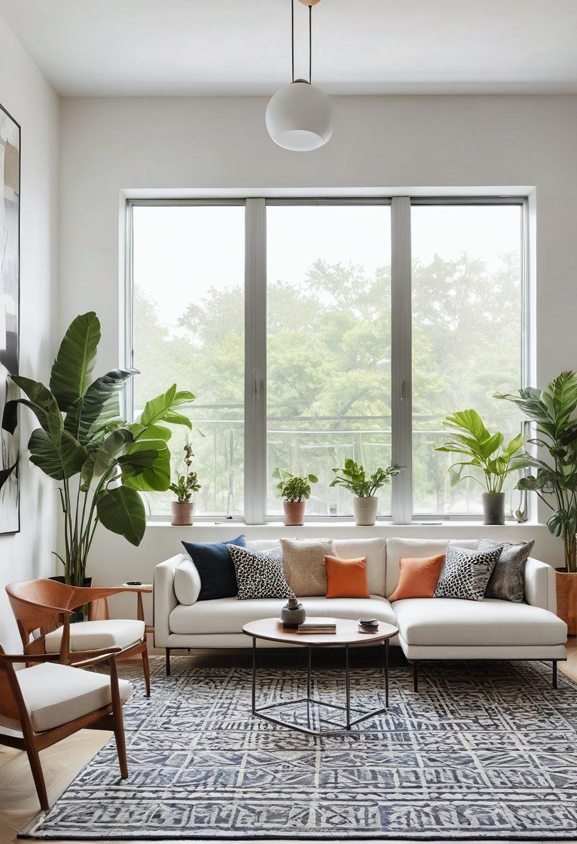 A beautifully designed modern living room featuring minimalist furniture, bold geometric patterns, and a blend of natural materials. Include vibrant houseplants, contemporary art on the walls, and large windows allowing natural light to flood the space. Showcase a cozy yet stylish atmosphere that embodies modern design trends. super-realistic. vibrant colors. white background.