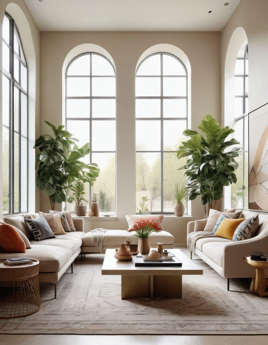 A beautifully designed modern living room featuring neutral-toned furniture, geometric patterns, and plant decor. Showcase an elegant open space with large windows allowing natural light, complemented by contemporary art on the walls. Include soft textures like cushions and throws that evoke comfort, promoting a serene and stylish atmosphere. super-realistic. vibrant colors. bright and inviting.