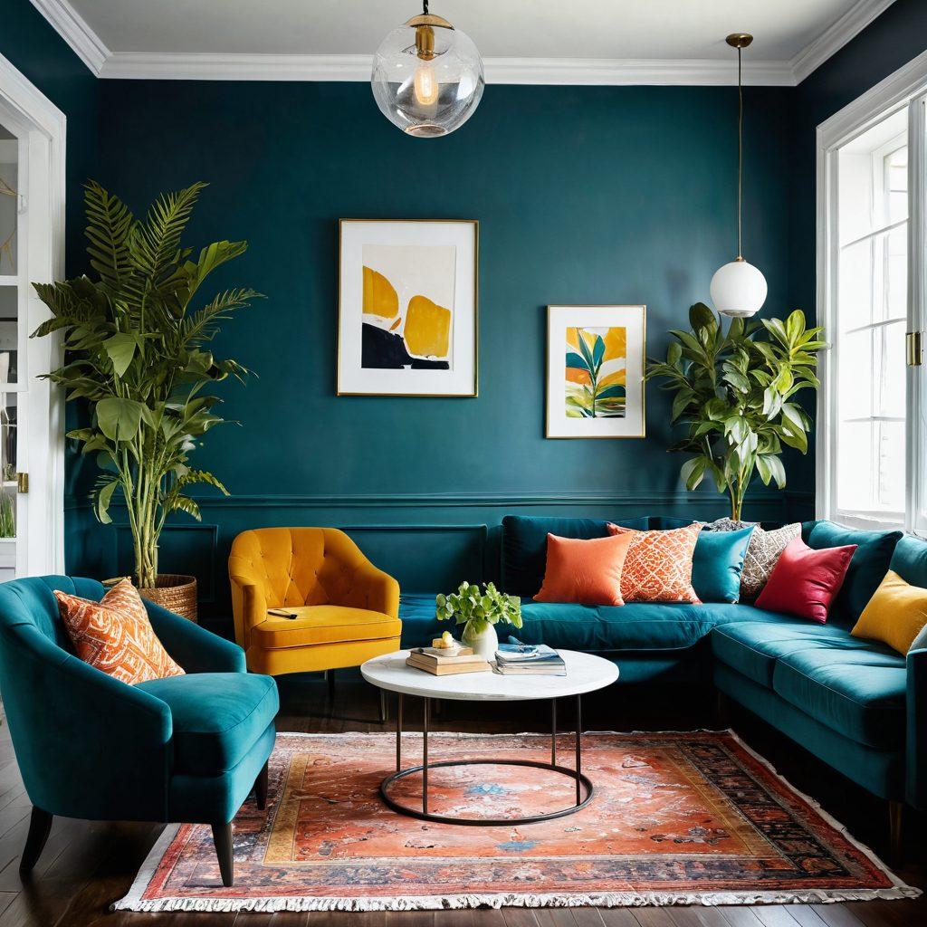 A well-designed living room featuring a mix of modern and vintage furniture, elegant lighting fixtures, and stylish decor elements. Include a cozy reading nook with a colorful throw blanket, lush indoor plants, and contemporary art on the walls. The space should exude warmth and sophistication, showcasing current trends in home decor and thoughtful space planning. Use vibrant colors and textures to create an inviting atmosphere. super-realistic. vibrant colors. cozy ambiance.